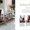 A festive brunch table from Schiffer Publishing, Ltd.'s Modern HomeMaker features sparkling drinks, pomegranate, rosemary, and candles. The right page reads "Holiday Brunch" alongside photos of drinks, appetizers, and desserts.