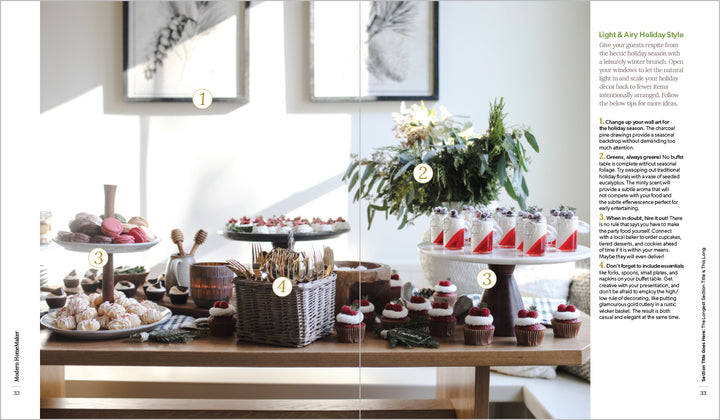 A sunlit table features assorted desserts with greenery and holiday decor, reflecting creative, modern homemaking inspiration from "Modern HomeMaker" by Schiffer Publishing, Ltd.