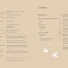 The table of contents for "Rug Hooking with Wool Strips" by Schiffer Publishing, Ltd. features an intro, tools and materials, modern wool craft projects by page number, on a beige background with simple white bunny illustrations.