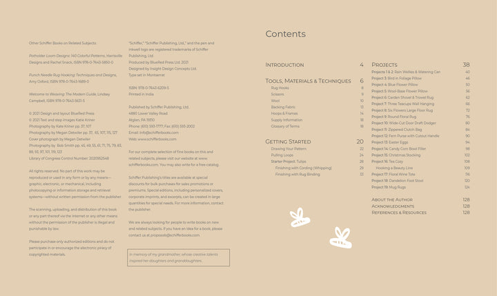 The table of contents for "Rug Hooking with Wool Strips" by Schiffer Publishing, Ltd. features an intro, tools and materials, modern wool craft projects by page number, on a beige background with simple white bunny illustrations.