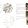 A page from "Rug Hooking with Wool Strips" by Schiffer Publishing, Ltd. features instructions for a dandelion foot stool, including materials list, outline template, step-by-step photos, and a finished hooked rug with yellow dandelions.