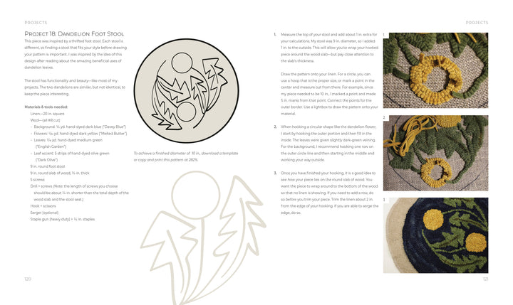 A page from "Rug Hooking with Wool Strips" by Schiffer Publishing, Ltd. features instructions for a dandelion foot stool, including materials list, outline template, step-by-step photos, and a finished hooked rug with yellow dandelions.