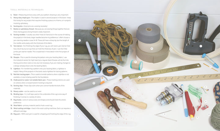 A selection of sewing and crafting tools is displayed on a white surface, perfect for modern projects like "Rug Hooking with Wool Strips" by Schiffer Publishing, Ltd.
