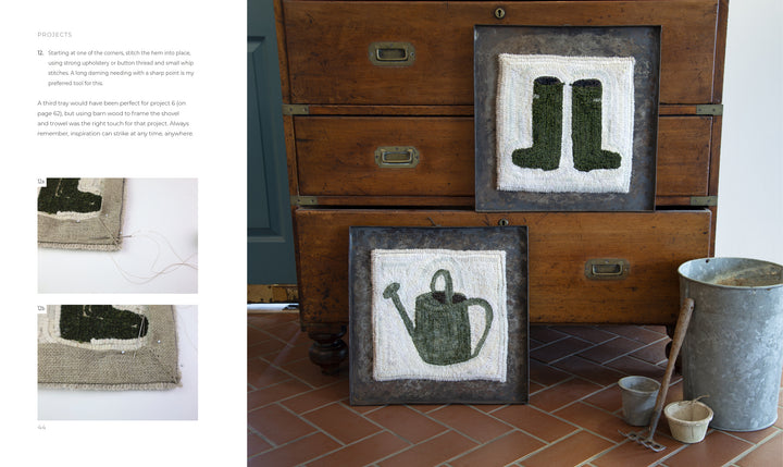 Two square textile artworks from Schiffer Publishing, Ltd.'s Rug Hooking with Wool Strips feature green boots and a watering can. Displayed on terra-cotta tiles with gardening tools, they create a rustic, cozy look.