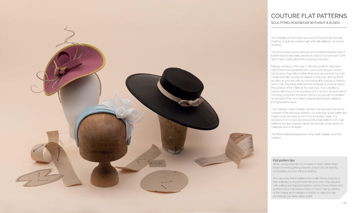 Contemporary Millinery by Schiffer Publishing, Ltd. features three sculpted hats—a purple brimmed hat with pink trim, a black flat-brimmed hat with a beige band, and a cream hat with white spirals—plus flat hat making patterns.