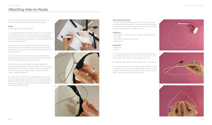 Contemporary Millinery by Schiffer Publishing, Ltd. is a guide to hat making, offering step-by-step photos and instructions for attaching hats using elastic, alice bands, and combs, plus info on essential tools and materials.