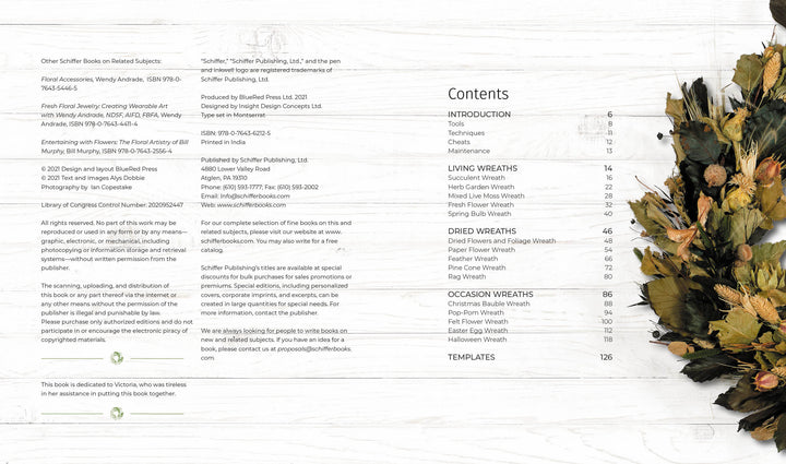 A contents page from "Wreaths" by Schiffer Publishing, Ltd. displays section titles and page numbers on the left, with modern botanical wreaths and dried floral arrangements along the right edge against a white wooden backdrop.