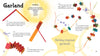 Colorful step-by-step instructions for making a star-shaped paper garland using red and orange cardstock, glue, ribbon, and scissors. Perfect DIY Christmas craft from Schiffer Publishing, Ltd.’s “Christmas” on a white-yellow star background.