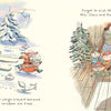 Santa Claus struggles to pull his sleigh while tired reindeer rest. Nearby, Mrs. Claus and seven kids in red hats stand inside, just like a scene from "All the Things Santa Claus Will Never Do" by Schiffer Publishing, Ltd.