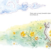 A small hedgehog in a yellow shirt paints at an easel in a field of yellow flowers as blue clouds drift above. An open paint palette lies nearby. Text: “There were so many beautiful colors in Fen’s world.” Fen's Drop of Gray, Schiffer Publishing, Ltd.