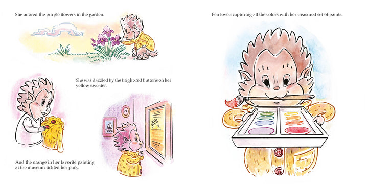 A hedgehog admires purple flowers, her sweater buttons, and an orange painting, then smiles with a paintbrush and paints—Fen's Drop of Gray by Schiffer Publishing, Ltd. gently explores coping skills through soft watercolor illustrations.
