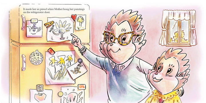 A smiling child and mother admire the child's flower drawings on the fridge by a sunny window—much like a scene from Fen's Drop of Gray by Schiffer Publishing, Ltd., showcasing pride and connection that help build coping skills together.