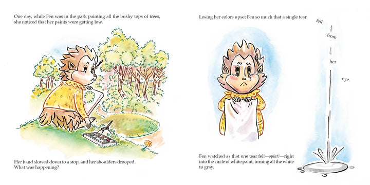 A sad monkey paints at an easel in a park, her colors fading. On the right, a single tear falls as she holds a cloth—capturing childhood depression with gentle grace in Fen's Drop of Gray from Schiffer Publishing, Ltd.