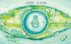 Maps of My Emotions by Schiffer Publishing, Ltd. is an illustrated fantasy map with a central lake and island, forests, a ship, mountains, winding paths, and mythical landmarks—ideal for children’s emotional exploration in gentle green and blue tones.