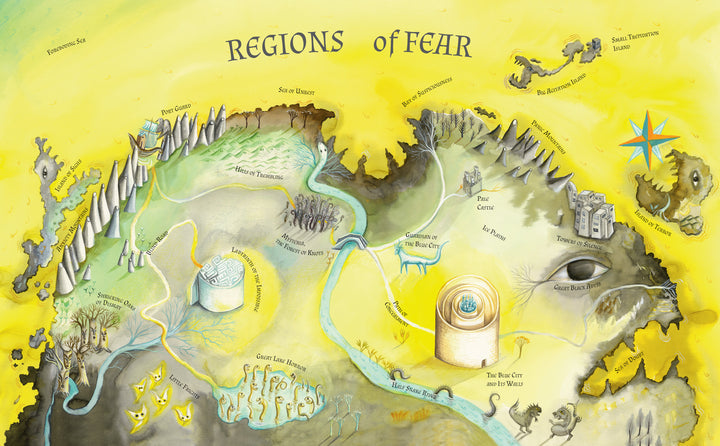 Maps of My Emotions by Schiffer Publishing, Ltd. is an illustrated fantasy map inspired by Bimba Landmann, featuring labeled landmarks, eerie buildings, and ominous symbols on a yellow background—perfect for children’s emotional exploration.