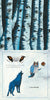 Top: Close-up of birch trunks with dark, eye-like markings. Bottom: Illustrated wolf howling, owl perched nearby, and large eyes. Text from Like a Tree by Schiffer Publishing, Ltd. explores vision in wolves and owls and nature's symmetries; “I am afraid” appears below.