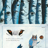 Top: Close-up of birch trunks with dark, eye-like markings. Bottom: Illustrated wolf howling, owl perched nearby, and large eyes. Text from Like a Tree by Schiffer Publishing, Ltd. explores vision in wolves and owls and nature's symmetries; “I am afraid” appears below.