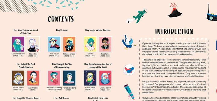 A two-page spread from "Head to Head" by Schiffer Publishing, Ltd. for young readers features a Contents list with portraits of historical figures and an Introduction with playful illustrations on a pastel background.