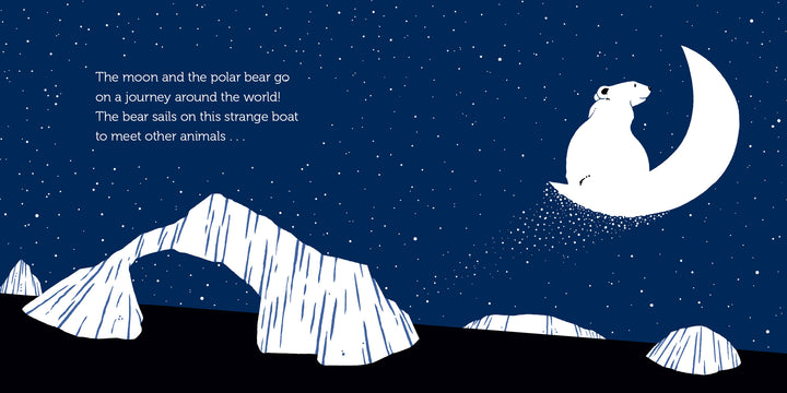 In "The Journey of the Polar Bear" by Schiffer Publishing, Ltd., a polar bear rides a crescent moon over snowy peaks and starry skies, beginning an adventure to meet animals around the world.