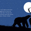 Illustration for The Journey of the Polar Bear by Schiffer Publishing, Ltd.: a bear and stag stand together in a moonlit forest, framed by trees and a bright full moon. Text inspired by François Pompon appears on the left.