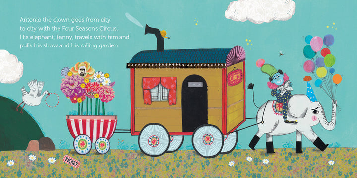 A cheerful clown rides an elephant pulling The Rolling Garden by Schiffer Publishing, Ltd.—a circus wagon and flower cart—in a whimsical landscape with balloons, a bird with a ticket, all inspired by First Steps in Art.