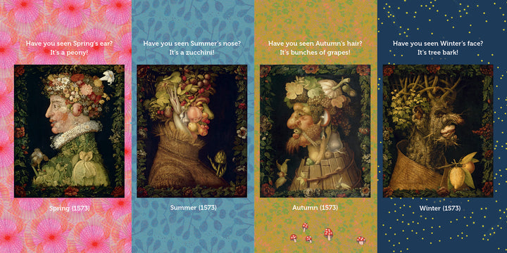 Four vibrant portraits personifying Spring, Summer, Autumn, and Winter evoke a whimsical Four Seasons circus in The Rolling Garden by Schiffer Publishing, Ltd., each inspired by Arcimboldo’s style with playful captions and lively backgrounds.
