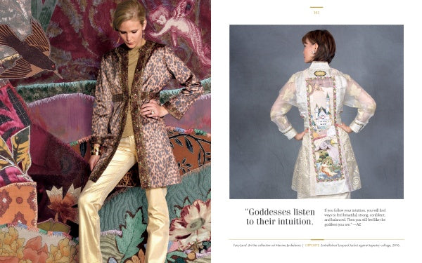 Two women model Enchanted Worlds by Schiffer Publishing, Ltd.: Left poses by vibrant florals in gold pants and leopard print coat; right shows the back of a white coat featuring Amy Zerner’s illustrated panel and text.