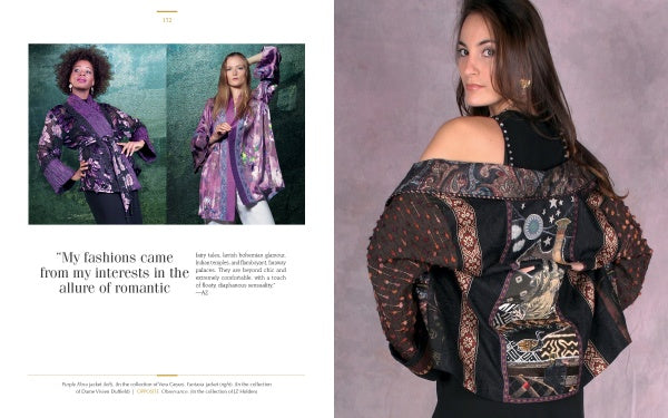 A fashion spread shows two women in patterned jackets beside a quote on romantic allure. On the right, a woman models an embroidered, off-the-shoulder jacket inspired by mystical fashion and Amy Zerner's art from *Enchanted Worlds* by Schiffer Publishing, Ltd.