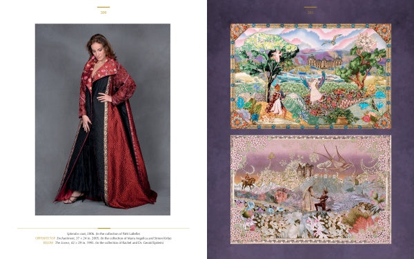 On the left, a woman in a long black gown and red cloak exudes mystical style; on the right, “Enchanted Worlds” by Schiffer Publishing, Ltd. displays vibrant Amy Zerner-inspired tapestries of gardens, fantasy, people, animals, and lush landscapes.