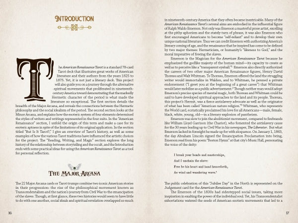 Two pages cover The American Renaissance Tarot by Schiffer Publishing, Ltd., analyzing its symbolism, history, and structure in relation to American literature. Both pages feature decorative initials and headings above two text columns; there are no images or photos.