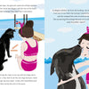 In Rescuing Rumba by Schiffer Publishing, Ltd., an illustrated story shows a girl at the beach with a potcake dog—feeding her rescue in a pink swimsuit, then hugging her goodbye while hoping for the dog's forever home.