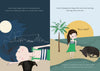 A split illustration: left, a girl and her potcake dog under a starry city sky; right, they wake on a sunny beach—capturing the heartwarming story of "Rescuing Rumba" by Schiffer Publishing, Ltd.