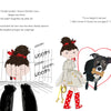 A girl in a coat and red boots, with her dog Rumba, stands by a man holding a heart-shaped frame of the pup. On the left, Rumba barks "WOOF!" behind a gate. "Rescuing Rumba" by Schiffer Publishing, Ltd. tells their joyful reunion story.