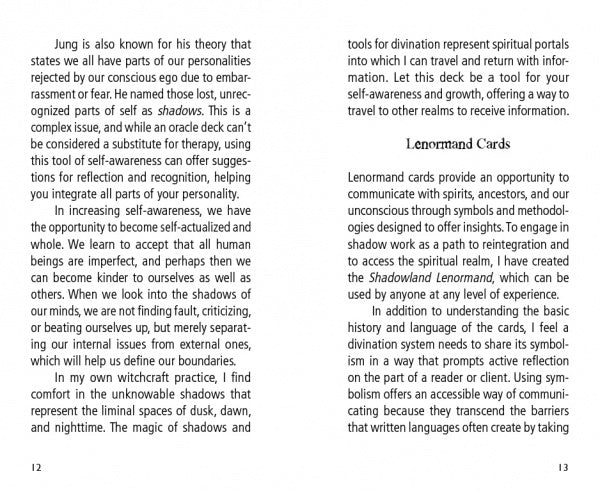 Two open book pages from "Shadowland Lenormand" by Schiffer Publishing, Ltd. explore Jung’s shadow self theory, self-awareness in therapy, and tools like the Lenormand deck for shadow work. A heading, Lenormand Cards, appears on the right page.