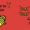 Illustration from Schiffer Publishing, Ltd.'s "Clap on the 2 and 4" shows hands clapping and a stick figure on red. "CLAP" is paired with counts 2-3-4—perfect for toddlers learning to clap on the 2 and 4 while enjoying music!.