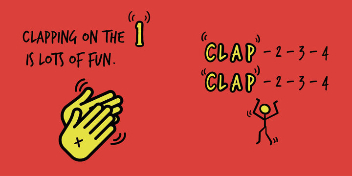 Illustration from Schiffer Publishing, Ltd.'s "Clap on the 2 and 4" shows hands clapping and a stick figure on red. "CLAP" is paired with counts 2-3-4—perfect for toddlers learning to clap on the 2 and 4 while enjoying music!.