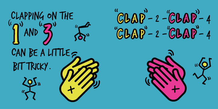Clap on the 2 and 4 by Schiffer Publishing, Ltd. is a cartoon-style board book for toddlers, featuring colorful hands clapping, stick figures dancing, and large text showing the “CLAP - 2 - CLAP - 4” music pattern.