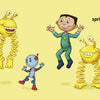 On a yellow background, three springy yellow aliens, a small blue robot, a jumping child, and a tall white alien with spots are featured. “THREE springy yellow aliens.” Space Aliens 1-2-3 by Schiffer Publishing, Ltd.—perfect for counting adventures!.
