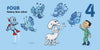 In Schiffer Publishing, Ltd.’s Space Aliens 1-2-3, a robot and boy greet a white space alien and four fluttery blue aliens. The number 4 and “FOUR fluttery blue aliens” appear on a light blue background in this playful counting book.