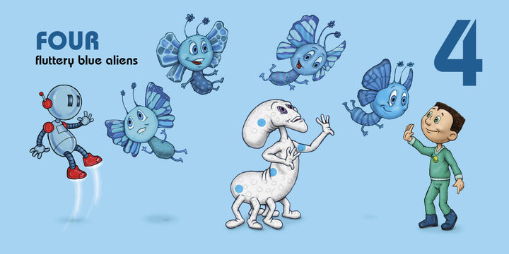 In Schiffer Publishing, Ltd.’s Space Aliens 1-2-3, a robot and boy greet a white space alien and four fluttery blue aliens. The number 4 and “FOUR fluttery blue aliens” appear on a light blue background in this playful counting book.