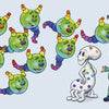 In Schiffer Publishing, Ltd.’s Space Aliens 1-2-3, twelve floating green aliens with striped tails join a cheerful boy, a spotted white alien, and a tiny robot under the rainbow number 12. Cover text reads: TWELVE floaty rainbow aliens.