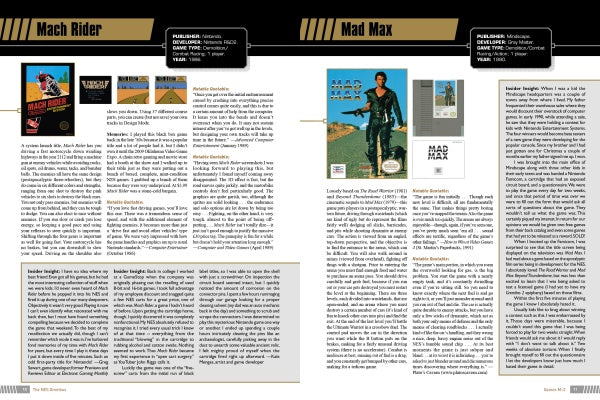 Two magazine pages from Schiffer Publishing’s The NES Omnibus showcase reviews of Mach Rider and Mad Max, with game covers, screenshots, detailed text, stats, insights for retro fans, and black/yellow headline banners at the top.