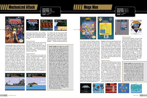 The NES Omnibus from Schiffer Publishing, Ltd. features two magazine-style pages with reviews of original NES games like Mechanized Attack and Mega Man, game screenshots, cover art, release info, and in-game images—ideal for retro gamers.