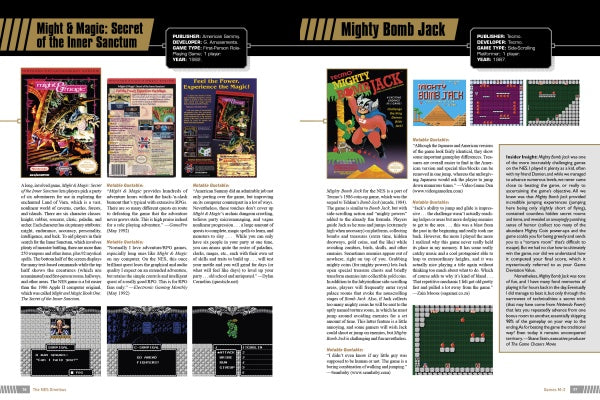 Two magazine pages showcase reviews of classic NES games in "The NES Omnibus" by Schiffer Publishing, Ltd., featuring screenshots, game box art, and detailed columns—a must-see for any retro gaming fan.