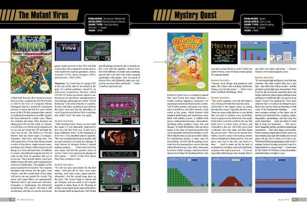 A two-page spread from Schiffer Publishing, Ltd.’s The NES Omnibus reviews NES classics The Mutant Virus and Mystery Quest, with cover art, screenshots, details, and columns of text—perfect for retro gaming fans.