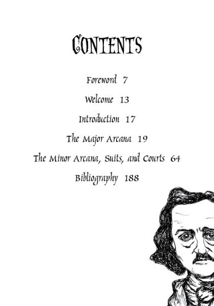 A close-up of an open book beside The Poe Tarot by Schiffer Publishing, Ltd., a tarot deck inspired by the haunting tales of Edgar Allan Poe.