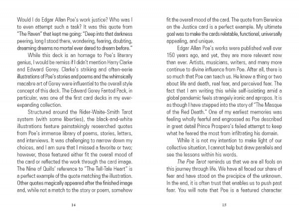 An open book, The Poe Tarot by Schiffer Publishing, Ltd., reveals two pages discussing Edgar Allan Poe’s literary influences and the Rider-Waite-Smith Tarot, exploring card imagery, interpretations, and the unique concept of a Poe-themed tarot deck.