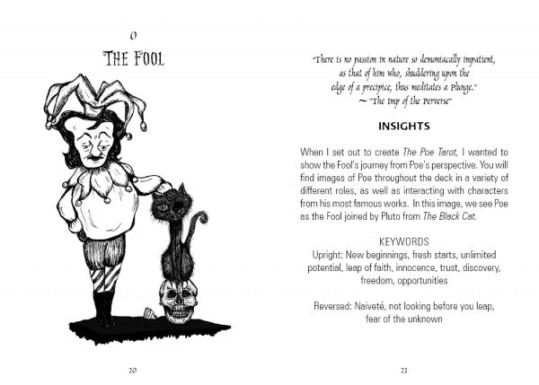 A page from The Poe Tarot by Schiffer Publishing, Ltd., featuring text and illustrations that combine Edgar Allan Poe’s mystique with classic Tarot imagery.