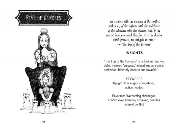 An illustration from The Poe Tarot by Schiffer Publishing, Ltd. depicts the Five of Candles: a meditating woman above a crouched figure amid five lit candles, with text detailing insights, keywords, and upright/reversed meanings.