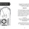 Black and white illustration of a blindfolded figure beneath a swinging pendulum blade, with Eight of Quills above, from The Poe Tarot by Schiffer Publishing, Ltd., inspired by Poe’s The Pit and the Pendulum and offering tarot insights.